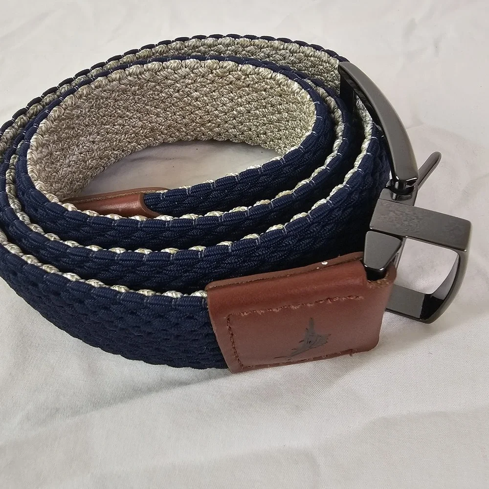 TOMMY BAHAMA Mens S M Braided Cotton Woven Blue Leather Trim Belt Silver Work